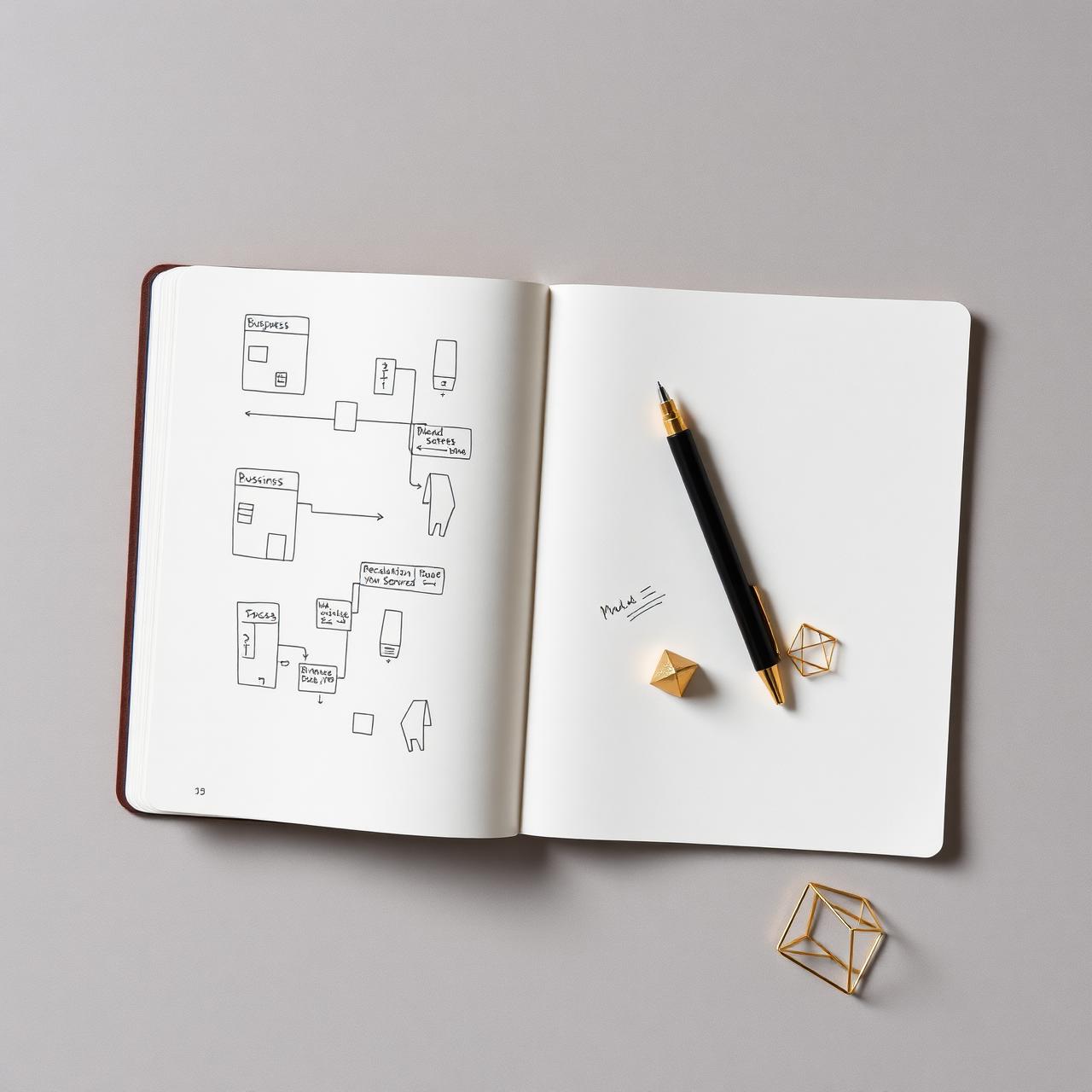 Founder's notebook with business diagrams