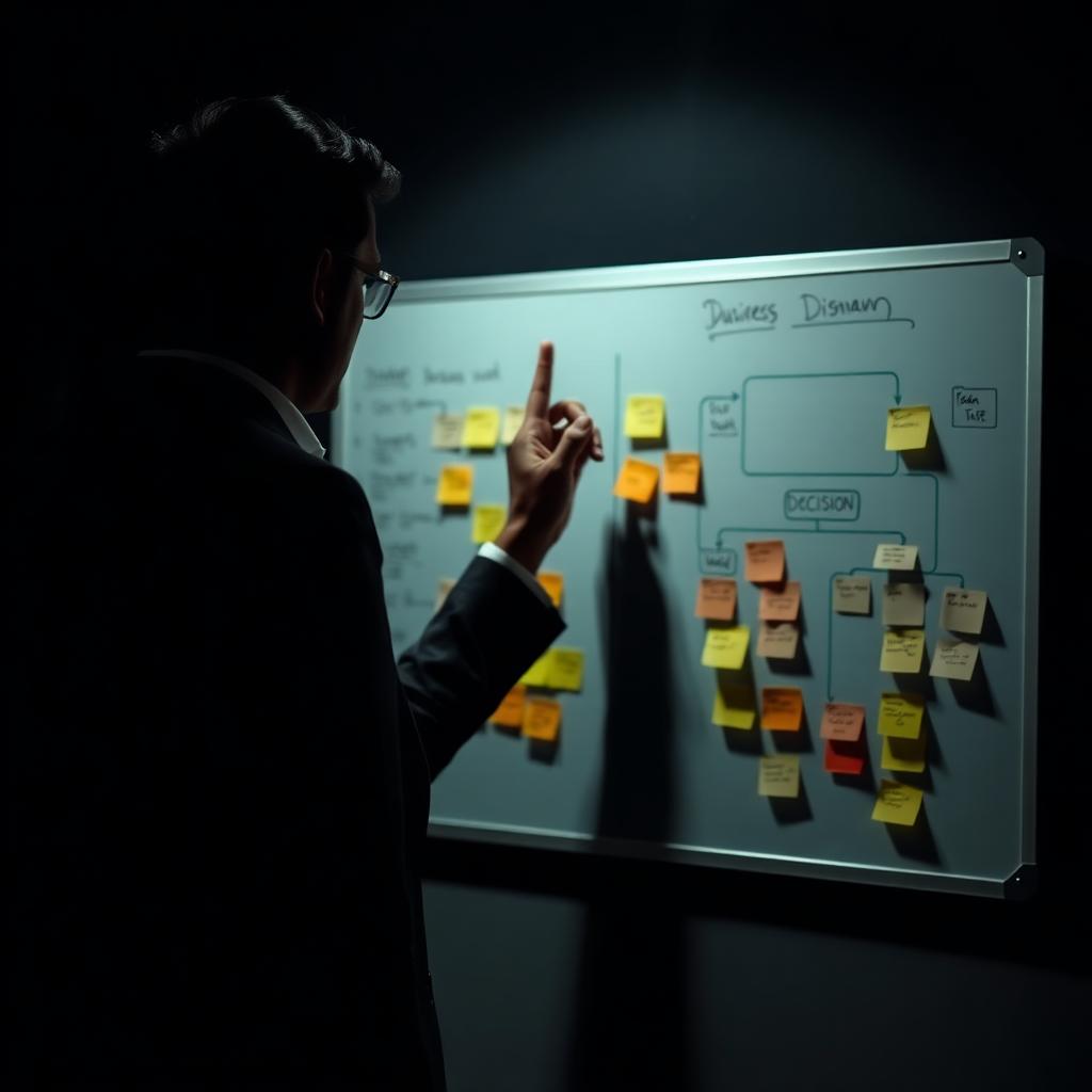 A business leader weighing a decision at a whiteboard